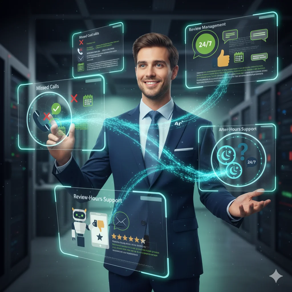 AI robot solving missed calls, after-hours queries, and negative reviews for businesses